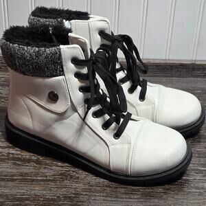 Xilie Women's White Black Faux Leather Lace Up/Zip Lined Combat Boots Size 11